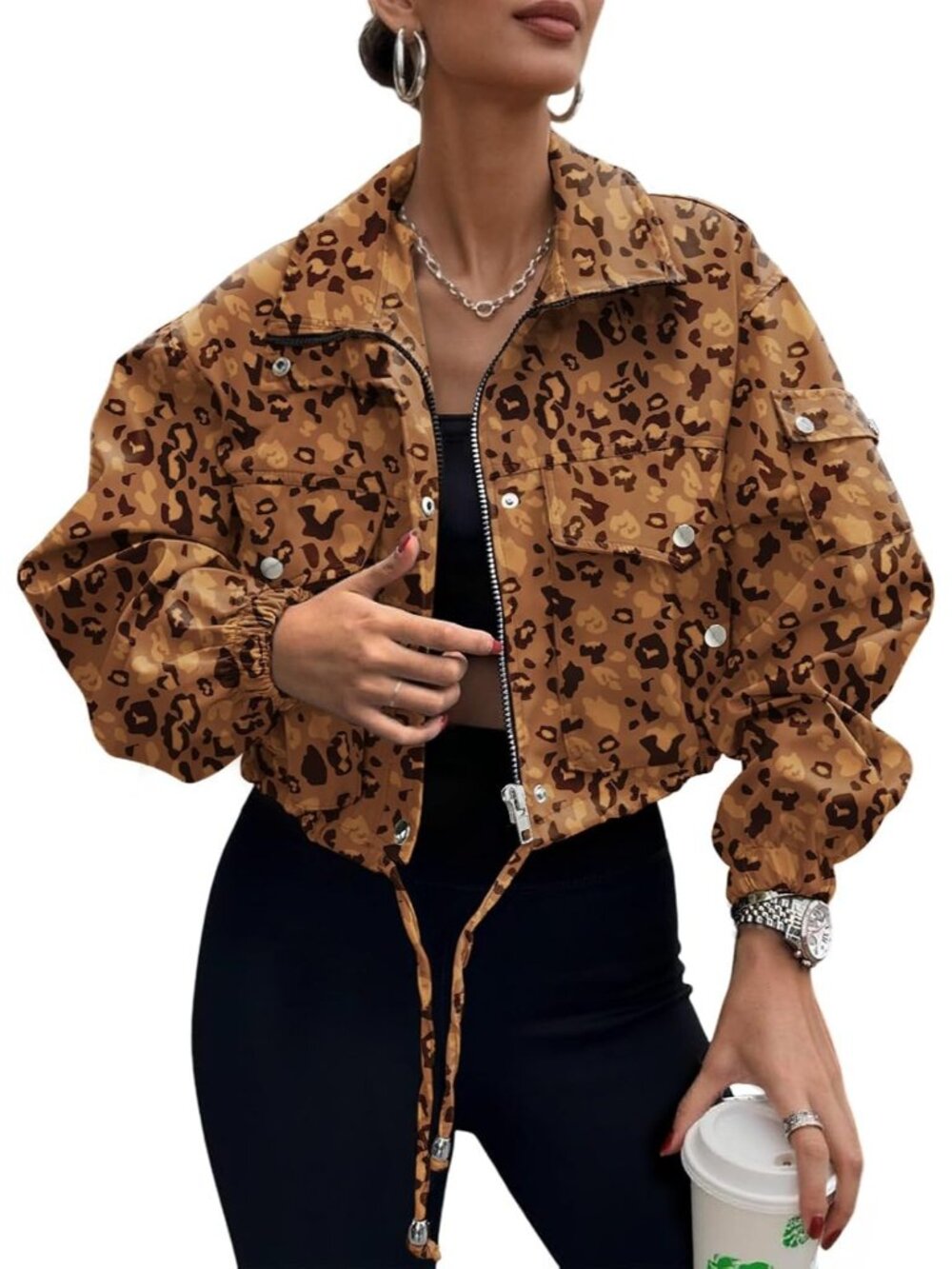 Women's Leopards 100%Polyester Cropped Zip Up Cargo Utility Anorak Bomber Jacket